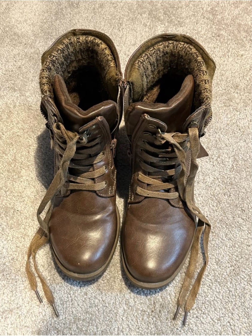 Combat Fall Boots with Knit Sweater Cuff and Side Zipper in Chocolate Brown